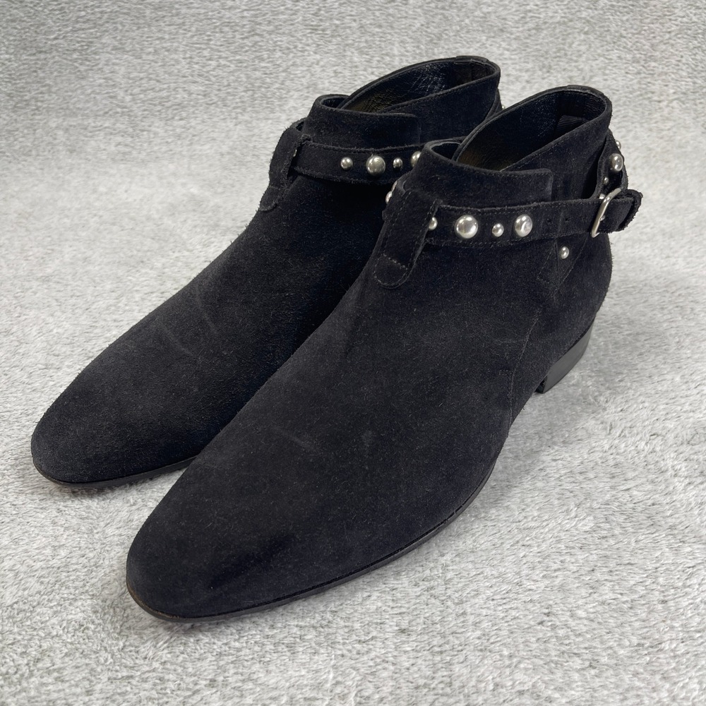 Saint Laurent Ankle Boots Women 8 Black Suede Studded Buckle Strap Pointed Toe